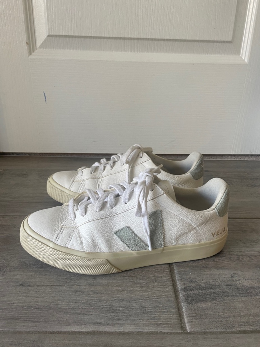 Veja White Leather Low-Top Sneakers with Light Blue V